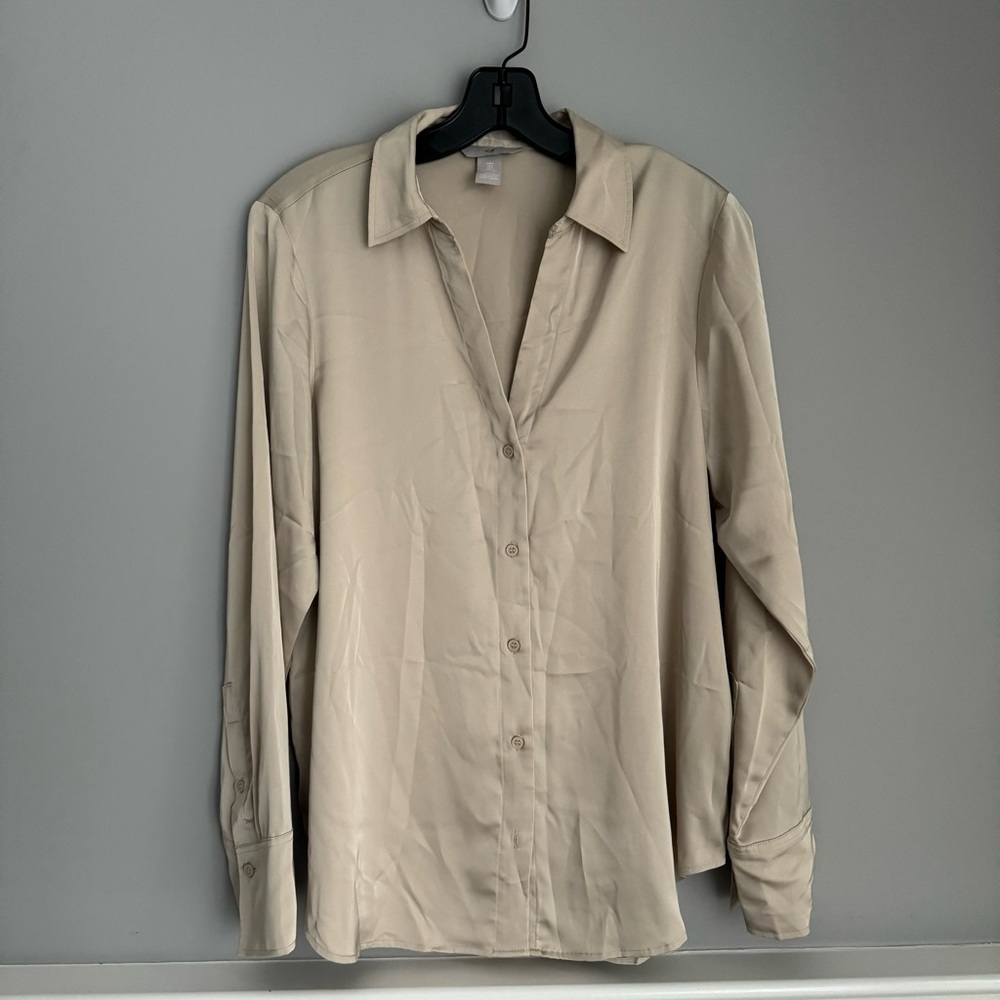 H&M Silky Tan Taupe Button Top Dressy Blouse Small